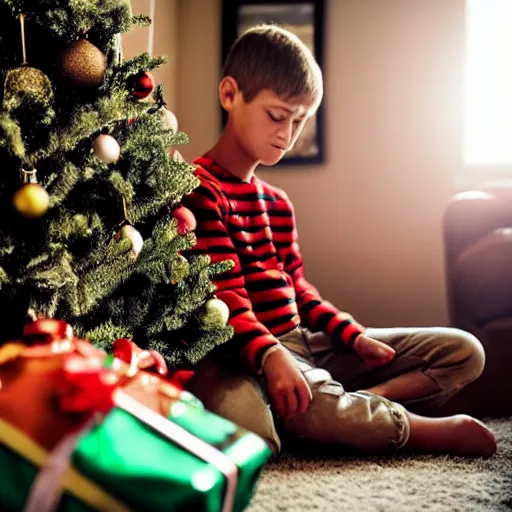 Image similar to a kid at christmas disappointed and sad that his present was a giant moai statue, his hands buried in his face, sitting down. | inside of a house next to a christmas tree, large present in the back