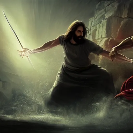 Image similar to Jesus fighting the devil, dynamic lighting, photorealistic concept art, trending on art station, stunning visuals, creative, cinematic, ultra detailed