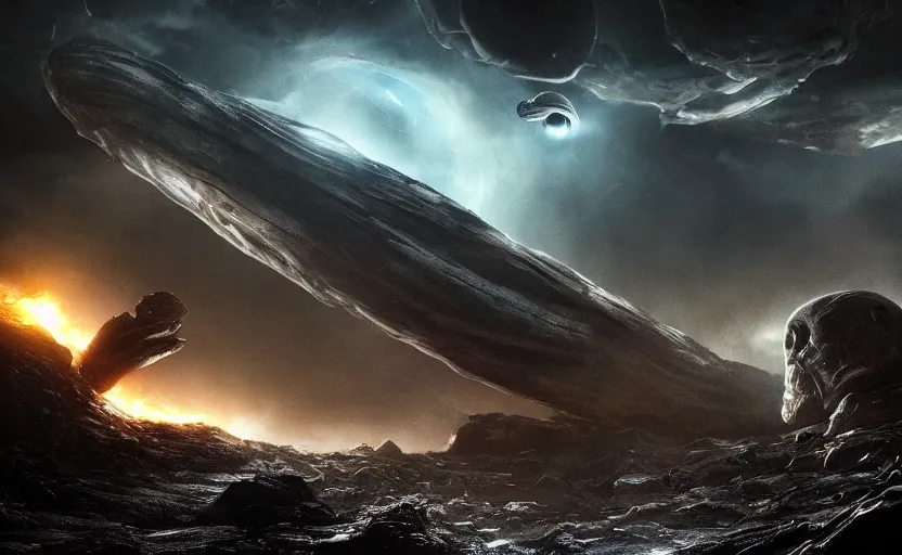 Image similar to an extraterrestrial spaceship exiting the end of the worm hole with planet earth in sight, in the style of prometheus, epic scene, extremely detailed masterpiece, extremely moody lighting, glowing light and shadow, atmospheric, shadowy, cinematic, god lighting