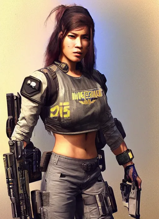 Image similar to Nikki tanaka. beautiful cyberpunk female USN marine wearing a military vest and combat gear. (Cyberpunk 2077, bladerunner 2049, apex legends, hl2, mgs, overwatch, blackops, rb6s). gorgeous face. Iranian orientalist portrait by john william waterhouse and Edwin Longsden Long and Theodore Ralli and Nasreddine Dinet, oil on canvas. Cinematic, hyper realism, realistic proportions, dramatic lighting, high detail 4k