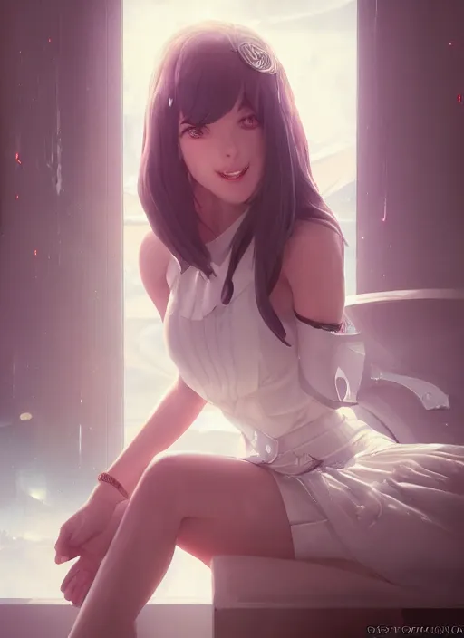 Image similar to woman sitting on a spaceship window, beautiful detailed dress, close - up body composition, highly detailed face, smiling, by artgerm, by wlop, by greg rutkowski, anime style, octane render