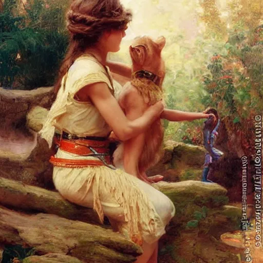 Image similar to a young girl fighting a primal predator, highly detailed painting by gaston bussiere and j. c. leyendecker 8 k