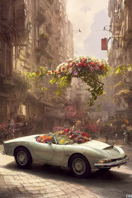 Image similar to ultra realistic illustration, old vintage car in the city with flowers blooming out the window, elegant, highly detailed, digital painting, concept art, smooth, sharp focus, illustration, art by greg rutkowski and alphonse mucha