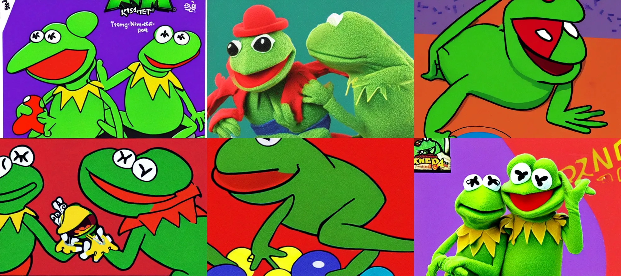 Prompt: the cover for a Nintendo 64 game called Kermit the Frog Plays with Pins and Needles