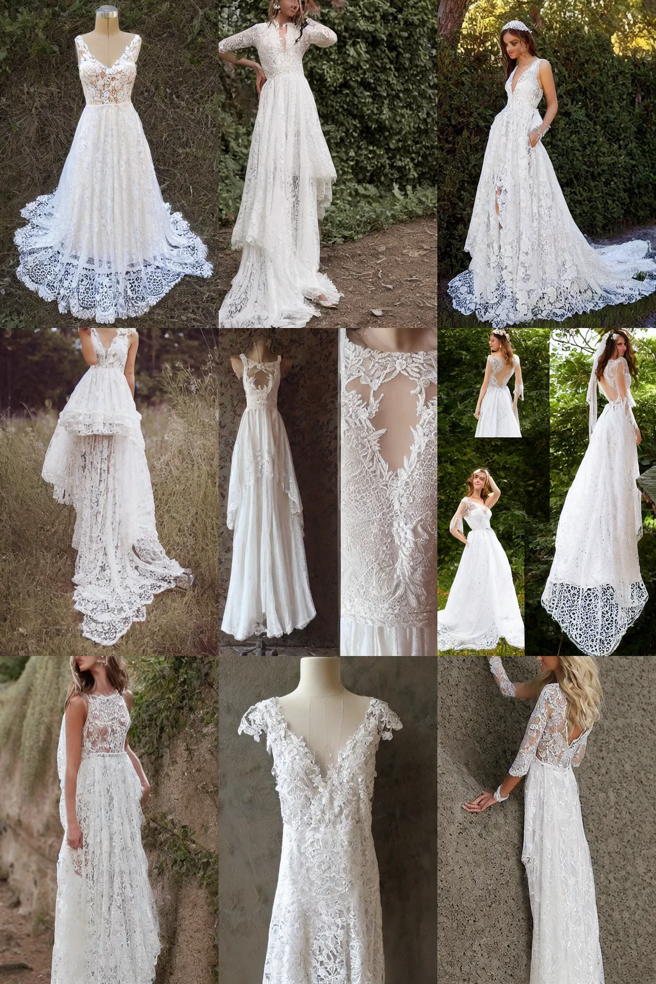 Prompt: a beautiful high low dress, wedding dress, bohemian, detailed lacework, lace dress, romantic dress, white and silver, floral lacework