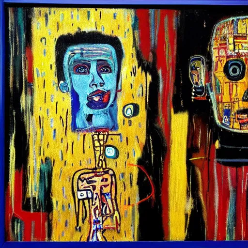 Prompt: artificial intelligence oil painting by klimt and graffiti by Jean-Michel Basquiat