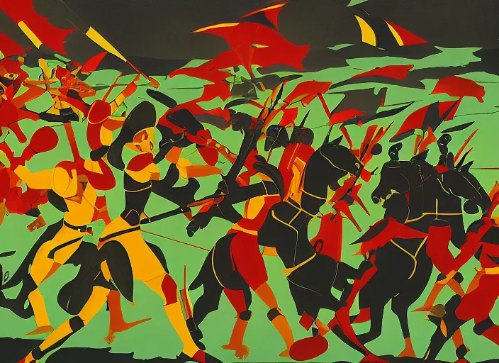 Image similar to trojan warriors in battle versus the us army in the style of artist eyvind earle