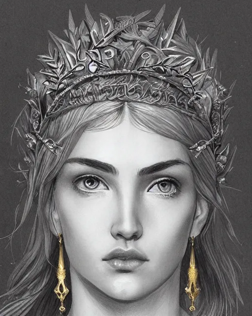 Image similar to front view of beautiful aphrodite greek goddess wearing a gold laurel wreath and triangle earrings, realism tattoo sketch, beautiful piercing eyes with sharp pupils, beautiful blonde hair, in the style of greg rutkowski, fantasy, amazing detail, epic, elegant, smooth, sharp focus