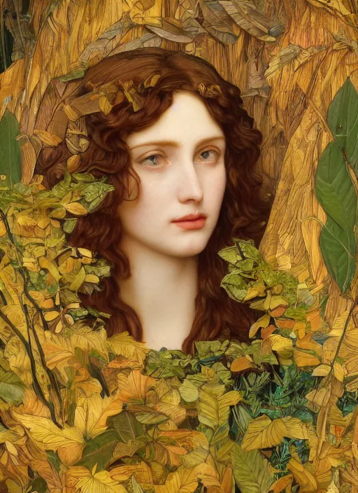 Image similar to masterpiece beautiful seductive flowing curves preraphaelite face portrait amongst leaves, extreme close up shot, straight bangs, thick set features, yellow ochre ornate medieval dress, magpie, amongst foliage mushroom forest circle arch framing, kilian eng and frederic leighton and rosetti, 4 k