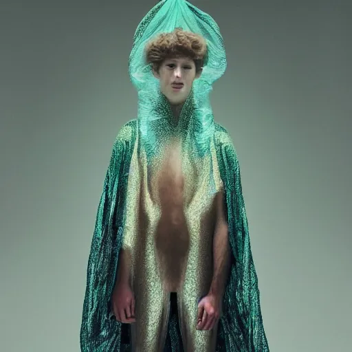 Prompt: a portrait of the most beautiful young men wearing a translucide iridiscent veil designed by iris van herpen, photographed by erwin olaf