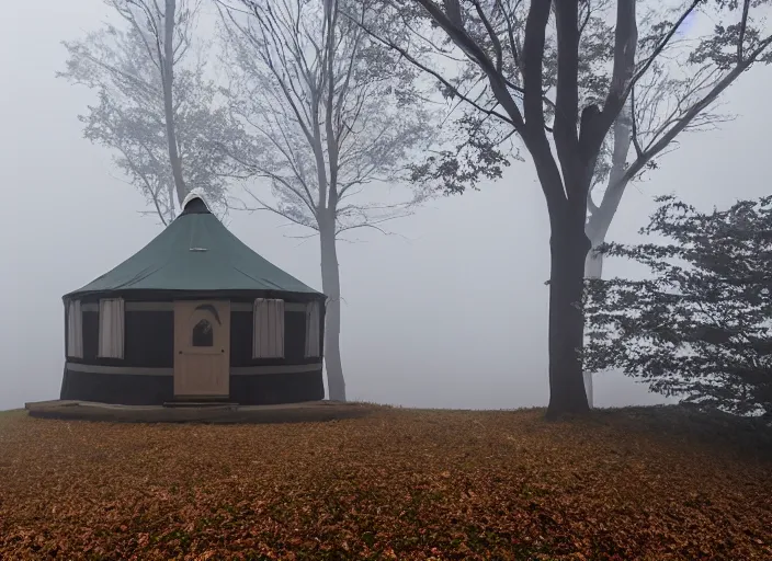 Image similar to a lone yurt on a hill overlooking the blue ridge mountains on a foggy morning