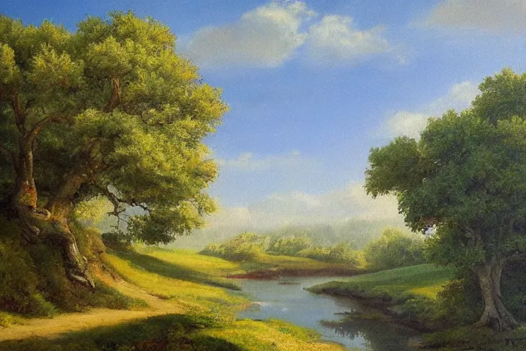 Image similar to masterpiece painting of oak trees on a hillside overlooking a creek, by jan schmuckal