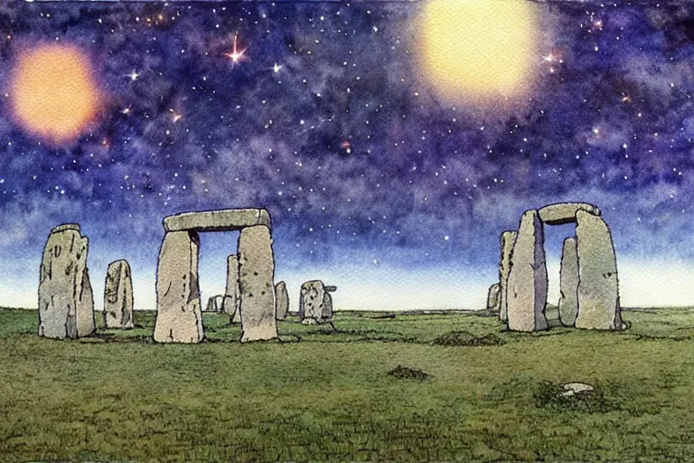 Image similar to hyperrealist studio ghibli watercolor fantasy concept art of a 1 0 0 ft. giant sittong on stonehenge. it is a misty starry night. by rebecca guay, michael kaluta, charles vess