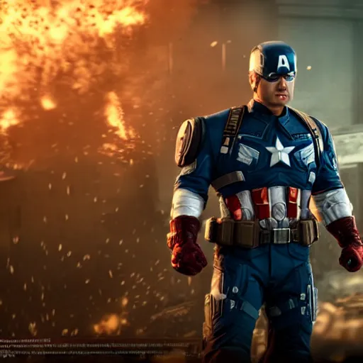 Image similar to Portrait of Donald Trump as captain america in Gears of War, splash art, movie still, cinematic lighting, dramatic, octane render, long lens, shallow depth of field, bokeh, anamorphic lens flare, 8k, hyper detailed, 35mm film grain