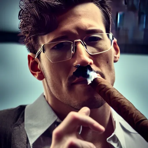 Image similar to a closeup photo of handsome gigachad markiplier smoking a cigar, 8k photorealism, extremly detailed, trending on artstation