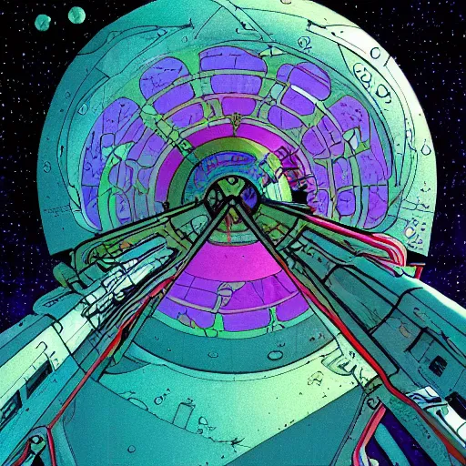 Prompt: an illustration of a spaceship. moebius. psychadelic lsd sci fi art.