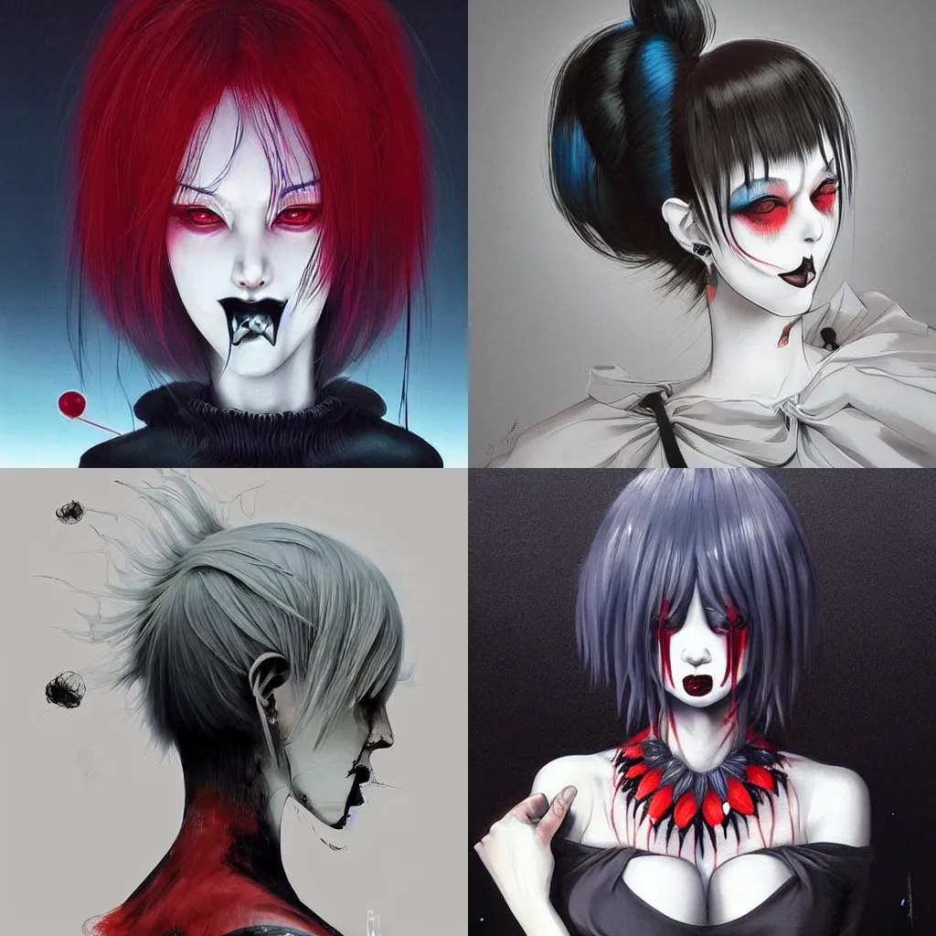 Prompt: beautiful! coherent!!!!!!!!!! well - constructed! detailed! expert! professional!!!!!!!!!!!!!!! manga anime seinen concept art portrait art of a goth clowngirl, painted by ilya kuvshinov!!!!! and zdzislaw beksinski # wow