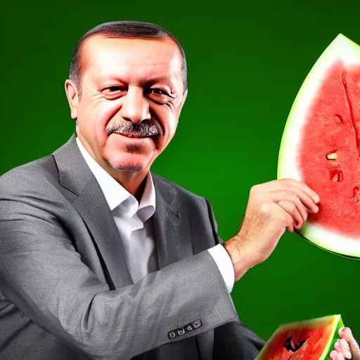 Image similar to recep tayyip erdogan smiling holding watermelon, studio photograph, hd, studio