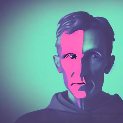 Image similar to nikola tesla in hoodie, portrait, vaporwave, synthwave, neon, vector graphics, cinematic, volumetric lighting, f 8 aperture, cinematic eastman 5 3 8 4 film, photorealistic