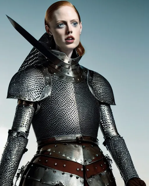 Image similar to HD portrait by Annie Leibovitz of Deborah Ann Woll as a medieval knight wearing a chainmail hauberk.