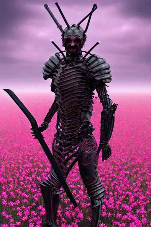 Prompt: hyperrealistic neo - gothic muscular human demon hybrid, exoskeleton armor, holding katana, field of pink flowers, highly detailed digital art masterpiece, vitaly bulgarov dramatic dark teal light, ground angle hd 8 k, sharp focus