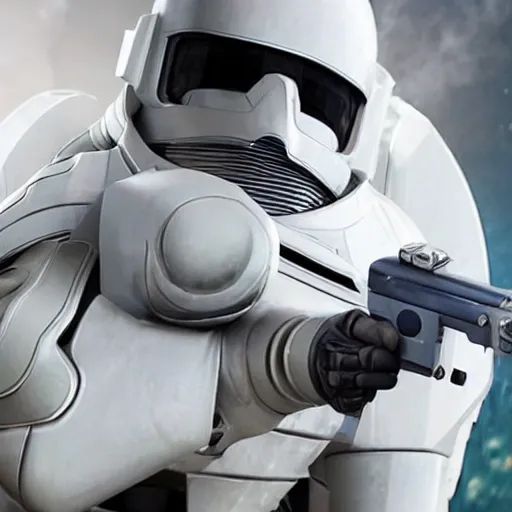 Prompt: close up photograph of an old man who is a veteran of many futuristic wars with short gray hair and blue eyes. he is wearing a white futuristic suit of heavy combat armor and holding a blaster in one hand and a plaster plazma - proof shield in the other. riding a white armored motorcycle charging into enemy lines while firing plasma bolts.