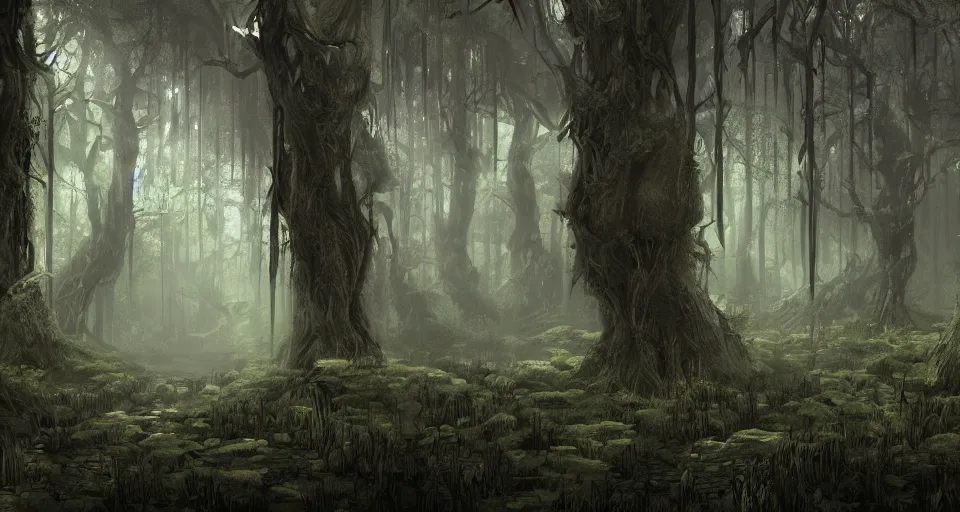 Prompt: A dense and dark enchanted forest with a swamp, by Artstation