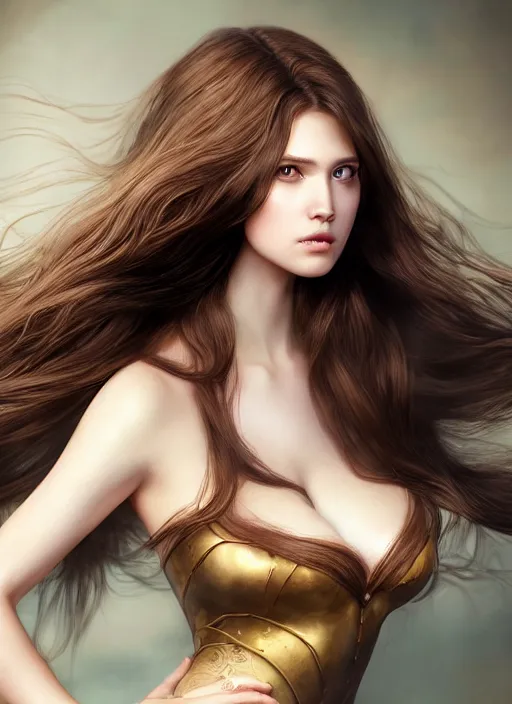 Image similar to a gorgeous female with long brown hair, photo by tim walker, realistic, full body shot, wide angle, sharp focus, 8 k high definition, insanely detailed, intricate, elegant, art by stanley lau and artgerm, floating embers