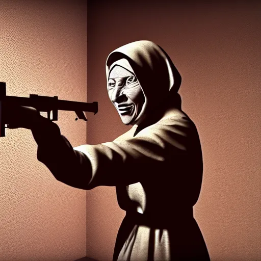 Image similar to pov mother theresa pointing a submachine gun at the camera, 3d model, hyperrealistic, dynamic shadows, dynamic lighting