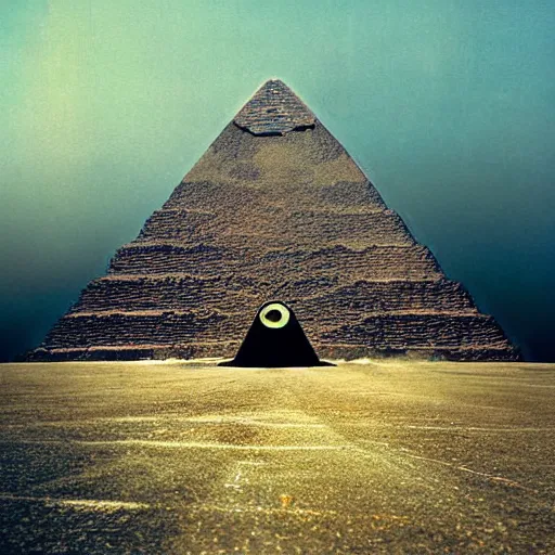 Image similar to alien flying saucer landing on ziggurat pyramid photograph photo color