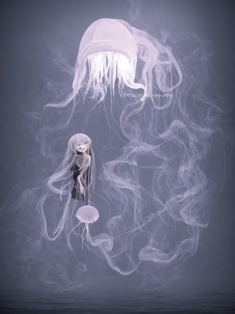 Image similar to cute fumo chibi plush beautiful ectoplasmic gothic skeletal jellyfish ghost girl, glowing milky wisps of hazy smoke and volumetric fog on a still reflective river, lens flare, subsurface scattering, vignette, asymmetry, bokeh, refraction, vray