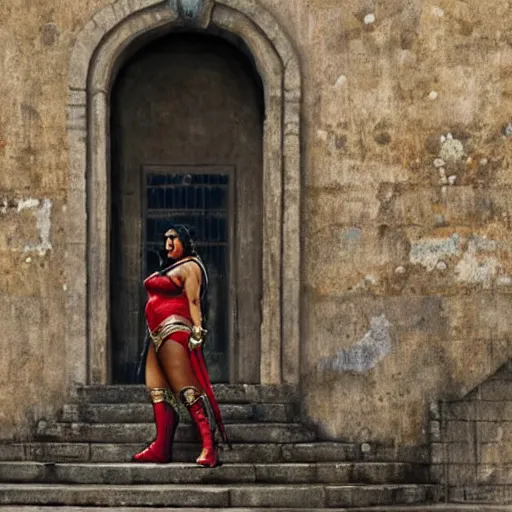 Image similar to a portrait obese indian woman dressed as wonder woman on steps in Porto, detailed, art station, greg rutkowski