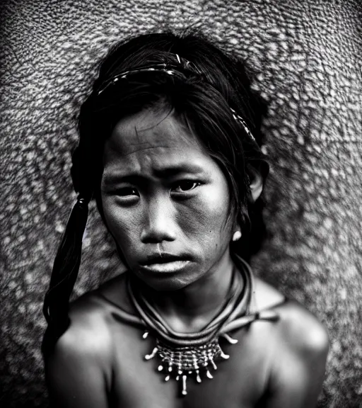 Prompt: Award winning Editorial photograph of a Hawaiian girl by Lee Jeffries, 85mm ND 4, perfect lighting, wearing traditional garb, With huge sharp jagged Tusks and sharp horns, gelatin silver process