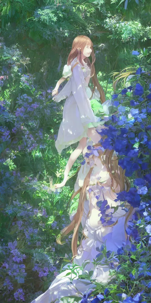 Prompt: a digital art of a loli with long hair in a dress in the privet garden at after noon, green and blue and warm theme, back lighting, by krenz cushart and mucha and akihito yoshida and greg rutkowski and makoto shinkai, highly detailed, 4 k resolution, trending on art station