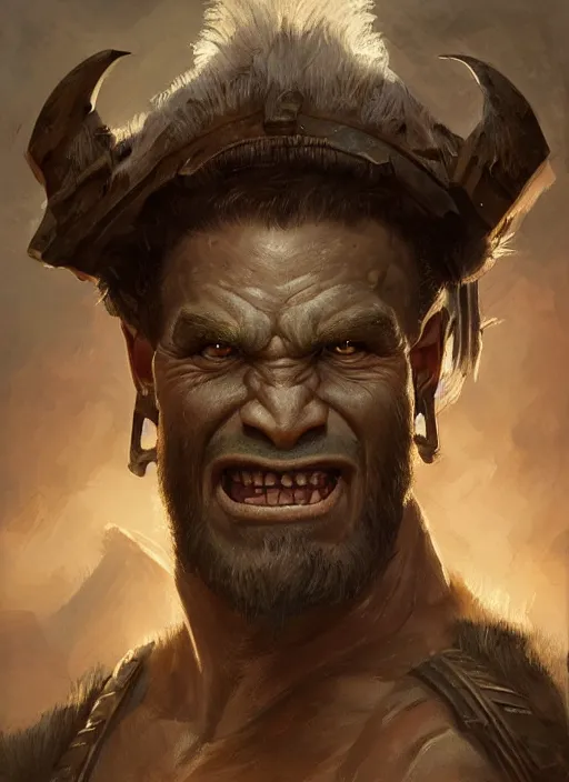 Prompt: realistic portrait painting of a male half - orc fantasy barbarian warrior, old mystic ruins, afternoon, intricate, elegant, highly detailed, digital painting, sharp, focus, by artgerm and greg rutkowski