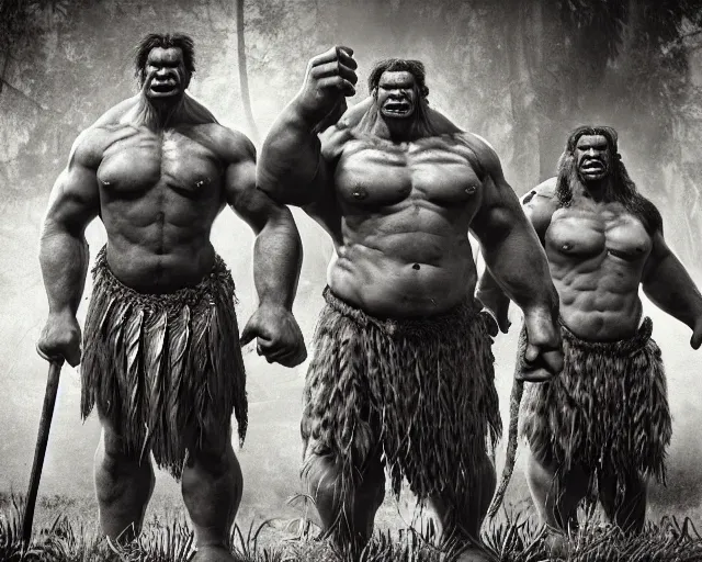 Image similar to hyper realistic group vintage photograph of a live action warcraft orc warrior tribe in the jungle, tall, hulk like physique, detailed faces, tribal paint, tribal armor, grain, old, monochrome, sepia toned, realistic lighting, wide angle