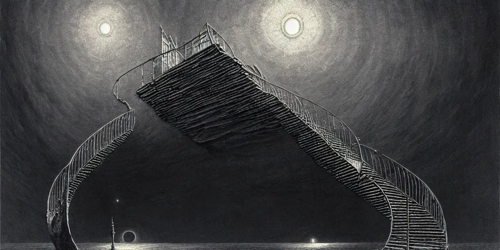 Image similar to big spiral stairways on old ship, inhabited on many levels, flying birds, by beksinski, shining light, strong perspective, clear geometry, architecture, Award winning. Masterpiece, detailed illustration