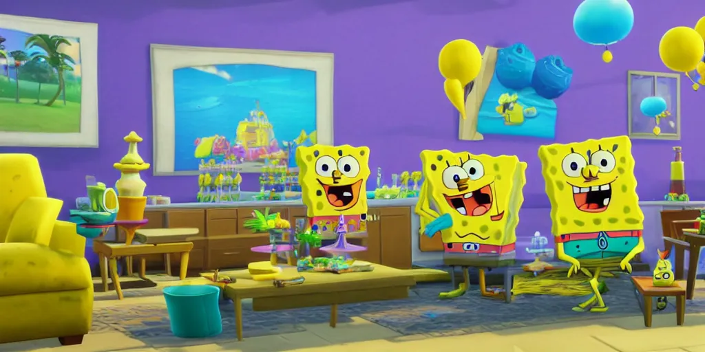 Image similar to spongebob party inside sims 4. Octane render, 4k, 8k, unreal 5, very detailed, hyper realism, trending on artstation.