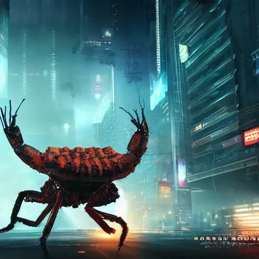 Image similar to a giant terrifying cyber shrimp destroying a dystopian city, cyberpunk, sharp focus, dynamic lights, still, photograph, hyper realistic, masterpiece, octane render, rendered, 3 d, cinematic, cinematic lighting, dramatic lighting, highly detailed, intricate details, texture, cinematic composition, by donglu yu and kevin jick and eddie del rio