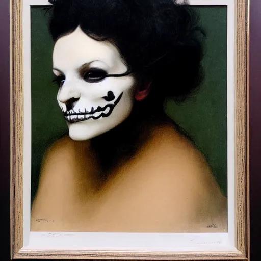 Prompt: portait of a woman wearing skull facepaint by Maxfield Parrish