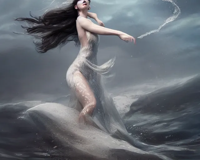 Image similar to olivia swirling into a water sprout that turns into a dress, 3 d animation, black hair, freckles, pale skin, photo by greg rutkowski, female beauty, intricate detail, elegance, sharp shapes, soft lighting, masterpiece