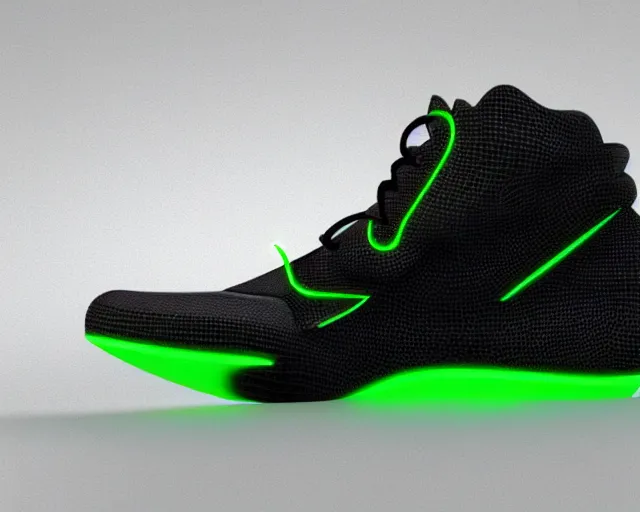 Prompt: A 3D model of of futuristic nike sneakers with neon lights from below, highly detailed, award winning