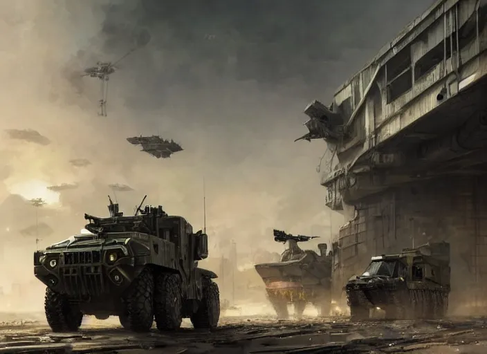 Image similar to A stryker armored vehicle as a call of duty loading screen, intricate, dystopian, sci-fi, extremely detailed, digital painting, artstation, concept art, smooth, sharp focus, illustration, intimidating lighting, incredible art by artgerm and greg rutkowski and alphonse mucha and simon stalenhag