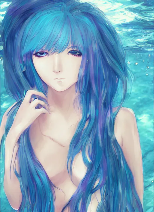Image similar to a woman with blue hair sitting underwater, a beautiful anime drawing by yuumei, featured on pixiv, rayonism, pixiv, seapunk, anime, detailed