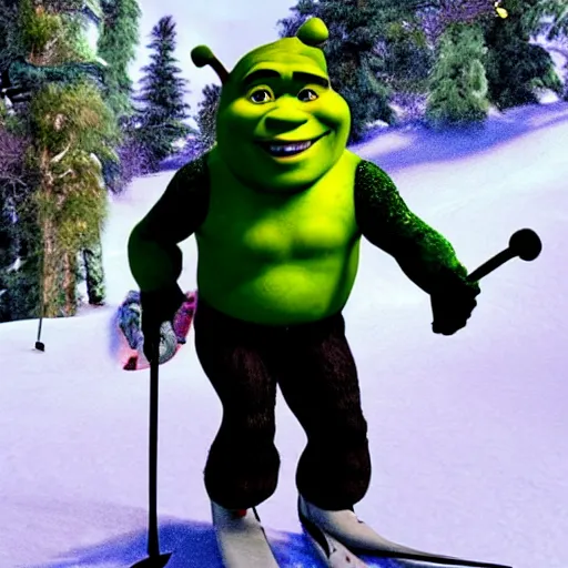 Image similar to shrek skiing, smiling, full body shot, cinematic lighting, studio quality