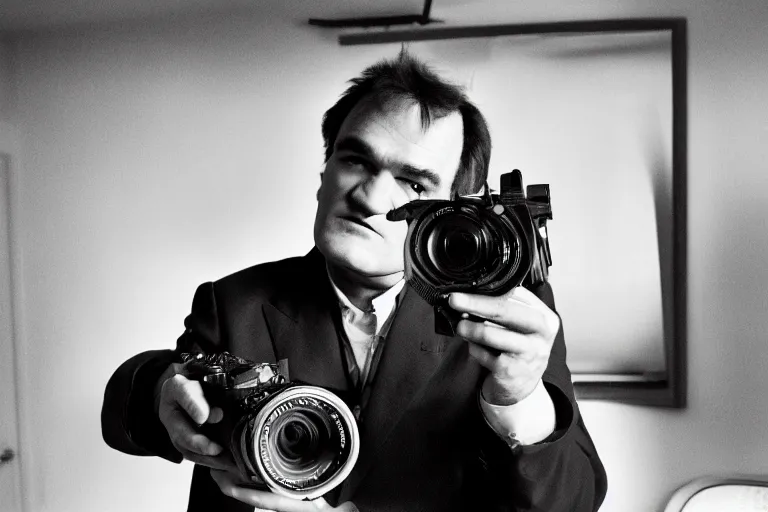 Image similar to high quality photo of aQuentin tarantino holding a 16 mm camera