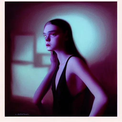 Image similar to silhouette of a Elle Fanning gazing in a mirror, pitch black room, extremely detailed masterpiece, oil on canvas, realist, low-key neon lighting, artstation, Blade Runner 2049, Roger Deakin’s cinematography, by Ali Cavanaugh,