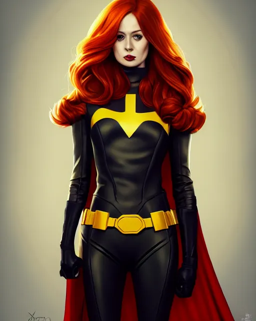 Image similar to Karen Gillan Batgirl, redhead, full body Batgirl costume with cape, no mask, symmetrical face symmetrical eyes, leaping from a building, illustration, artstation, cinematic lighting, hyperdetailed, cgsociety, 8k, high resolution, Charlie Bowater, Tom Bagshaw, Norman Rockwell, insanely detailed and intricate