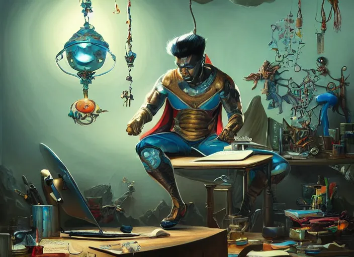 Image similar to an insanely detailed painting of an asian man wearing a homemade superhero costume, sitting at a desk, staring seriously at the computer and typing, in the style of peter mohrbacher, james jean, artgerm, dramatic lighting and composition, surreal background, octane render, pixar, trending on artstation, concept art, comic book, view from behind, 8 k