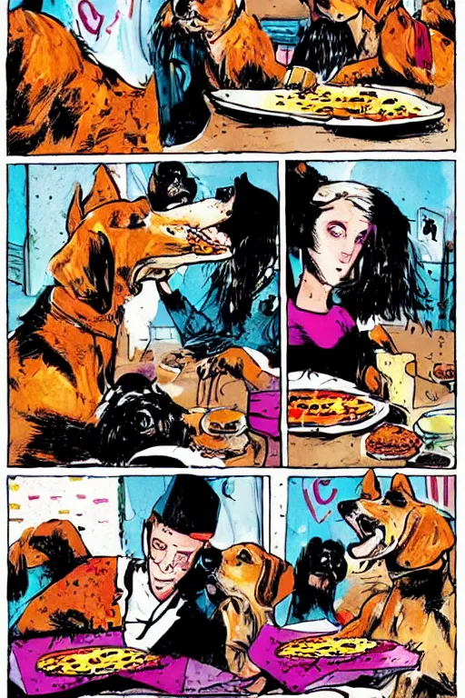 Image similar to happy dogs eating pizza, graphic novel, high contrast, by bill sienkiewicz